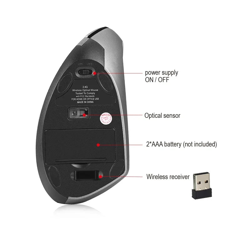 HXSJ T24 6-Tasten-Funkmaus (2400 DPI, 2,4 GHz) mit USB-Empfänger, 6 Tasten, Schwarz/Grau