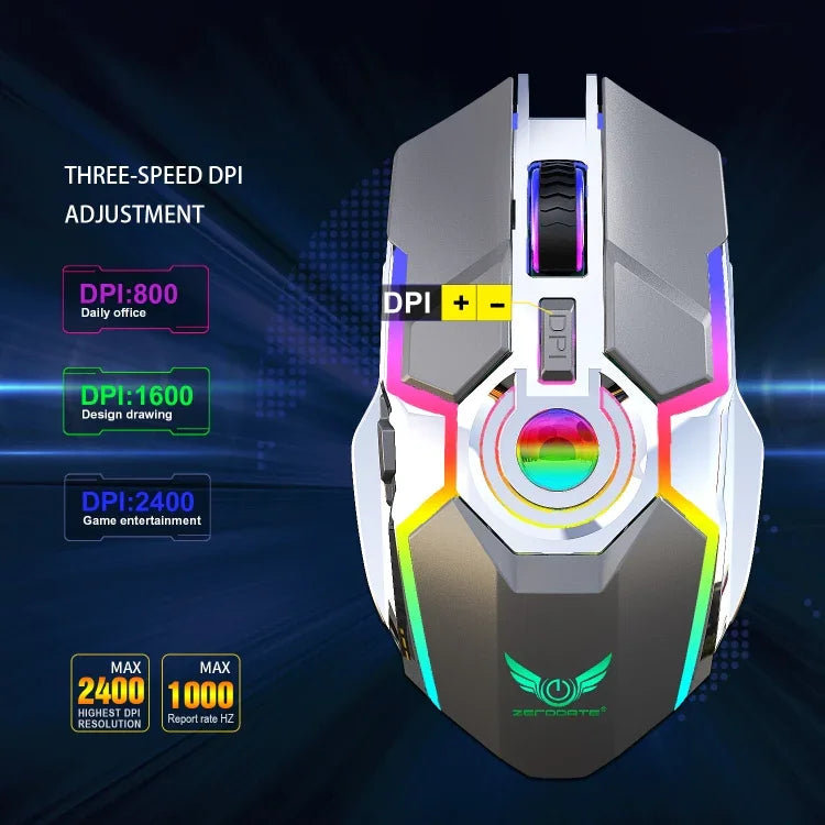 ZERODATE T30 2,4 GHz 2400 DPI Kabellose optische Maus mit drei Geschwindigkeitsstufen, einstellbarer RGB-Hintergrundbeleuchtung, Weiß