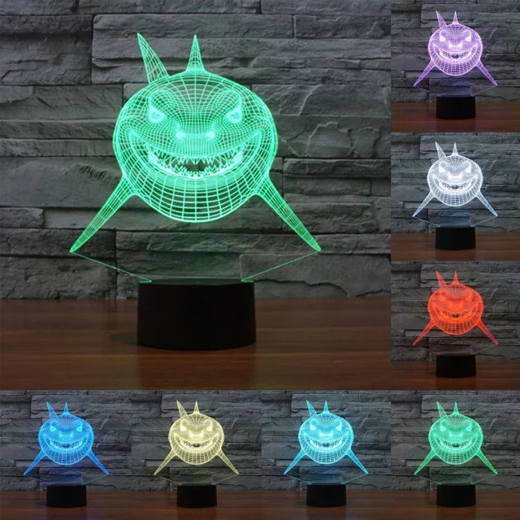 7 Farbverfärbung Kreative Visuelle Stereo Lampe Schreibtischlampe Nachtlicht, Positive Gesichts-Haifisch-Stil