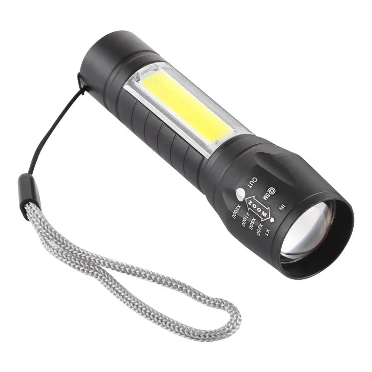 A2 USB-Ladefähige, wasserdichte Zoom-Taschenlampe mit XPE + COB, 3 Modi & Aufbewahrungsbox, A2
