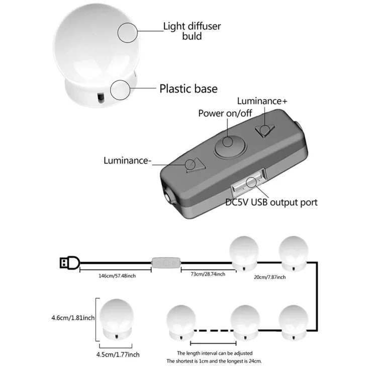 120 lm, 7000 K, USB-Ladefunktion, Kosmetiklampe im Hollywood-Stil, Kabellänge: 4,6 m, 5 V DC