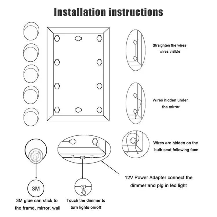 120 lm, 7000 K, USB-Ladefunktion, Kosmetiklampe im Hollywood-Stil, Kabellänge: 4,6 m, 5 V DC