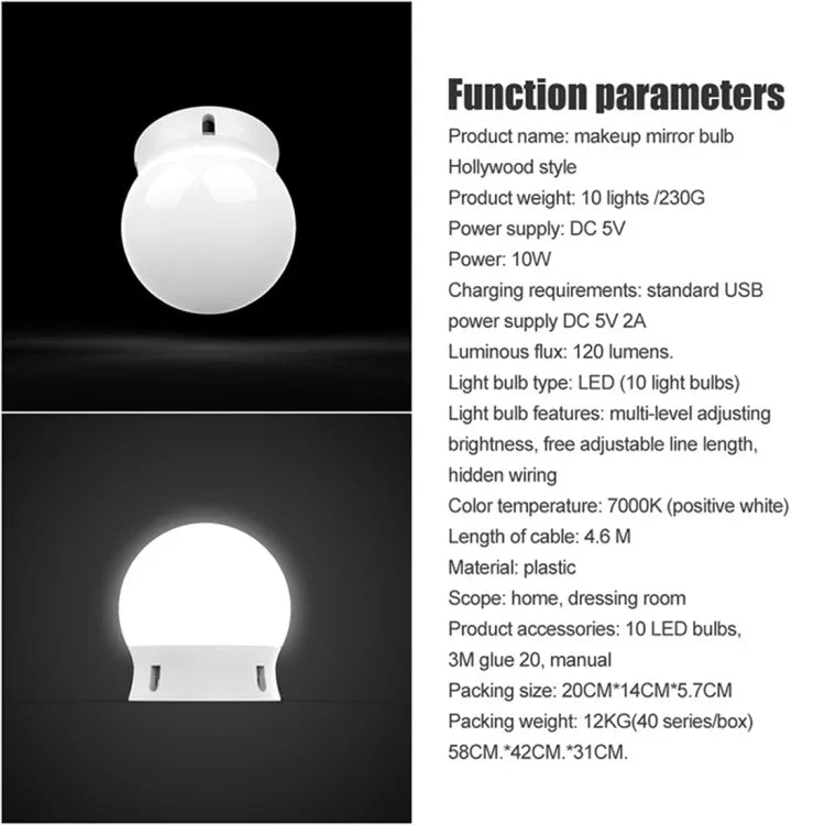 120 lm, 7000 K, USB-Ladefunktion, Kosmetiklampe im Hollywood-Stil, Kabellänge: 4,6 m, 5 V DC