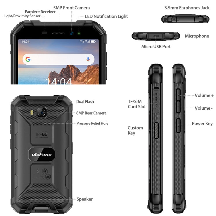 IP68/IP69K Wasserdicht Staubdicht Stoßfest, Gesichtserkennung, 4000mAh Akku, 5,0 Zoll Android 9.0 MTK6580A/W Quad Core bis 1,3GHz, Netzwerk: 3G, Armor X6 2GB+16GB
