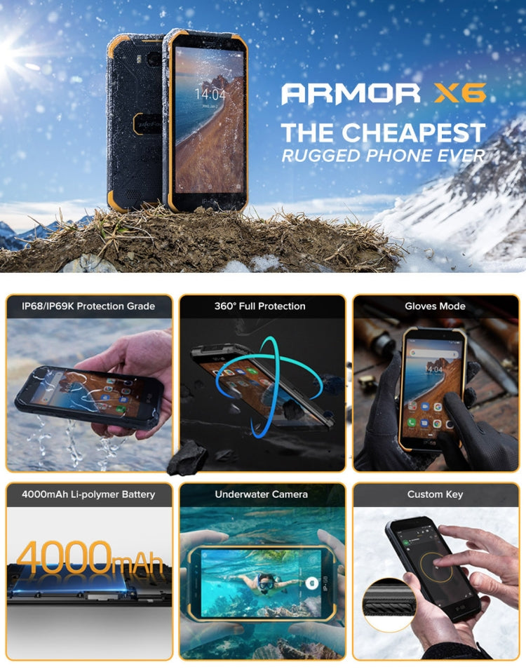 IP68/IP69K Wasserdicht Staubdicht Stoßfest, Gesichtserkennung, 4000mAh Akku, 5,0 Zoll Android 9.0 MTK6580A/W Quad Core bis 1,3GHz, Netzwerk: 3G, Armor X6 2GB+16GB