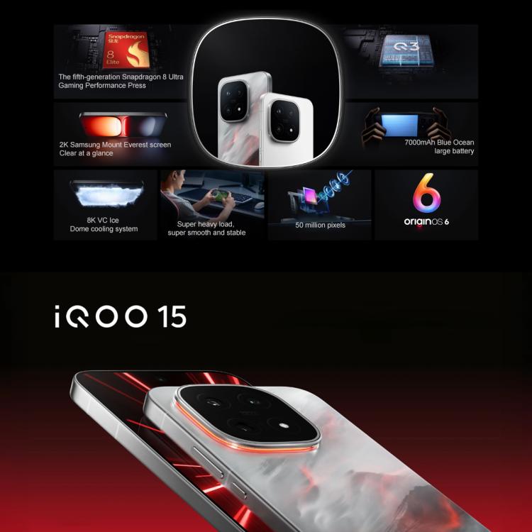 vivo iQOO 15, 12 GB + 512 GB, 6,85 Zoll, Android 16 OriginOS 6, Snapdragon 8 Elite Gen 5 Octa-Core, OTG, NFC, Netzwerk: 5G, Google Play-Unterstützung, 12 GB + 512 GB
