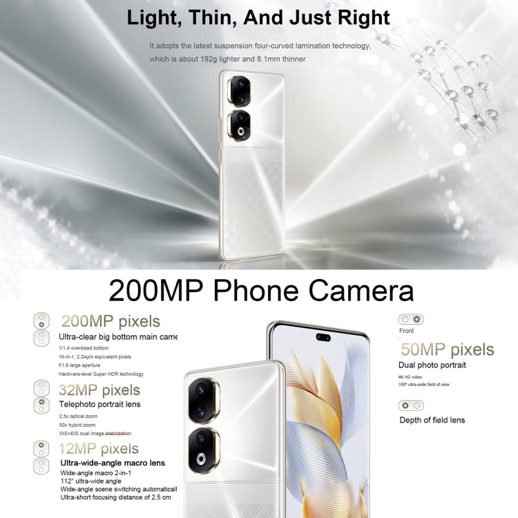 Dreifache Rückkameras + Dual-Frontkameras, Fingerabdruckerkennung im Display, 6,78 Zoll Magic UI 7.1 Android 13 Qualcomm Snapdragon 8+ Gen 1 Octa Core bis zu 3,0 GHz, Netzwerk: 5G, OTG, NFC, unterstützt Google Play nicht, Honor 90 Pro 5G 12GB+256GB