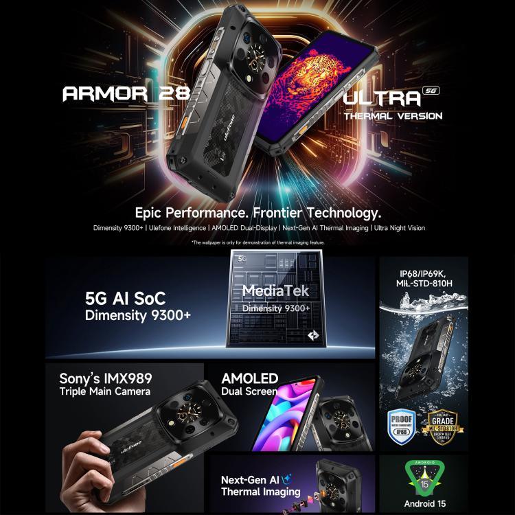 Ulefone Armor 28 UltraThermal Version – Robustes Smartphone, 16 GB + 1 TB, Nachtsicht, 10600 mAh Akku, 6,67 Zoll Display, Android 14, MediaTek Dimensity 9300+ Octa-Core-Prozessor, Netzwerk: 5G, NFC, Armor 28 Ultra Thermal Version