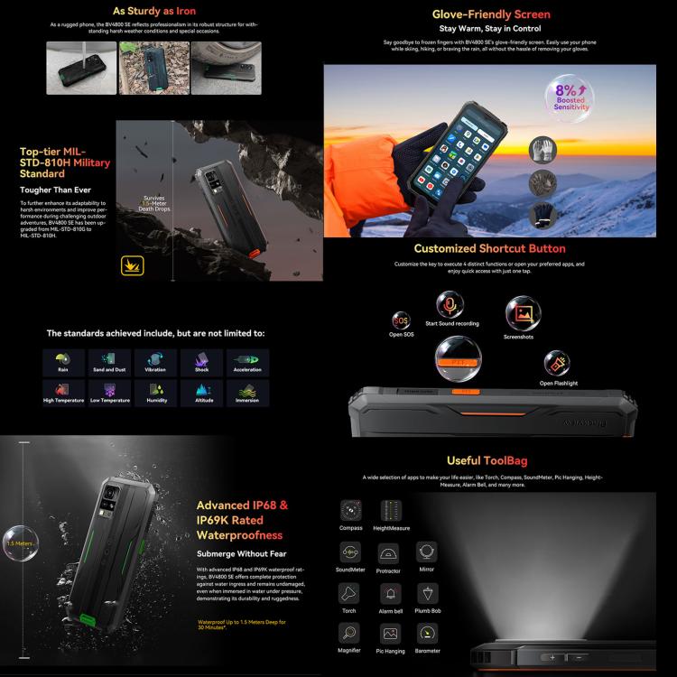 Blackview BV4800 SE Rugged Phone, 4GB+64GB, 6,56 Zoll Android 15 UMS9320E T615 Octa-Core, Netzwerk: 4G, OTG, NFC, BV4800 SE 4GB+64GB