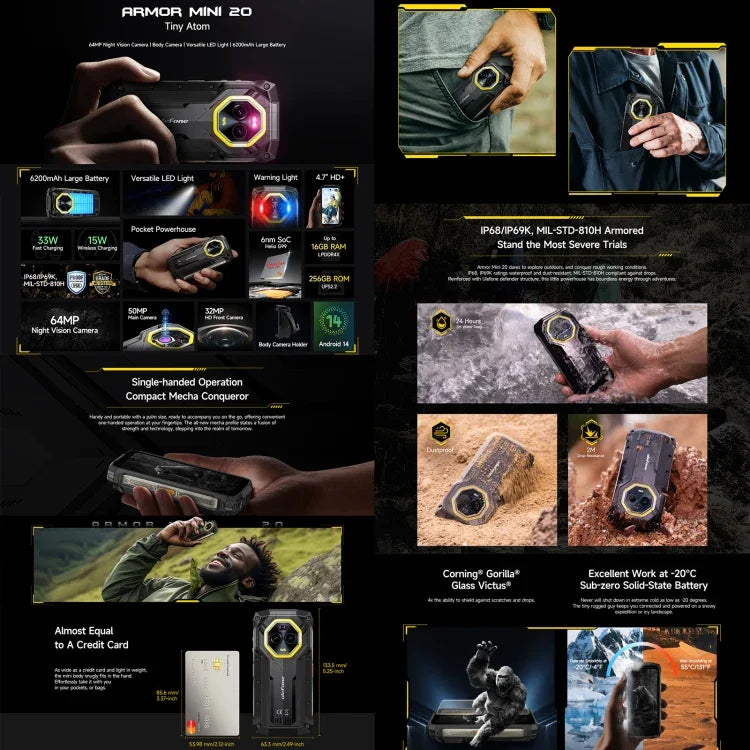 Ulefone Armor Mini 20, Nachtsicht, 8 GB + 256 GB, robustes Smartphone (IP68/IP69K), 4,7-Zoll-Display, Android 14, MediaTek Dimensity 6300 Octa-Core-Prozessor, Netzwerk: 4G, NFC, OTG, Armor Mini 20