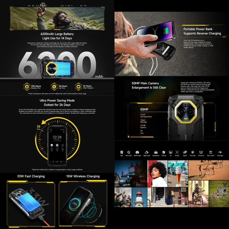 Ulefone Armor Mini 20, Nachtsicht, 8 GB + 256 GB, robustes Smartphone (IP68/IP69K), 4,7-Zoll-Display, Android 14, MediaTek Dimensity 6300 Octa-Core-Prozessor, Netzwerk: 4G, NFC, OTG, Armor Mini 20