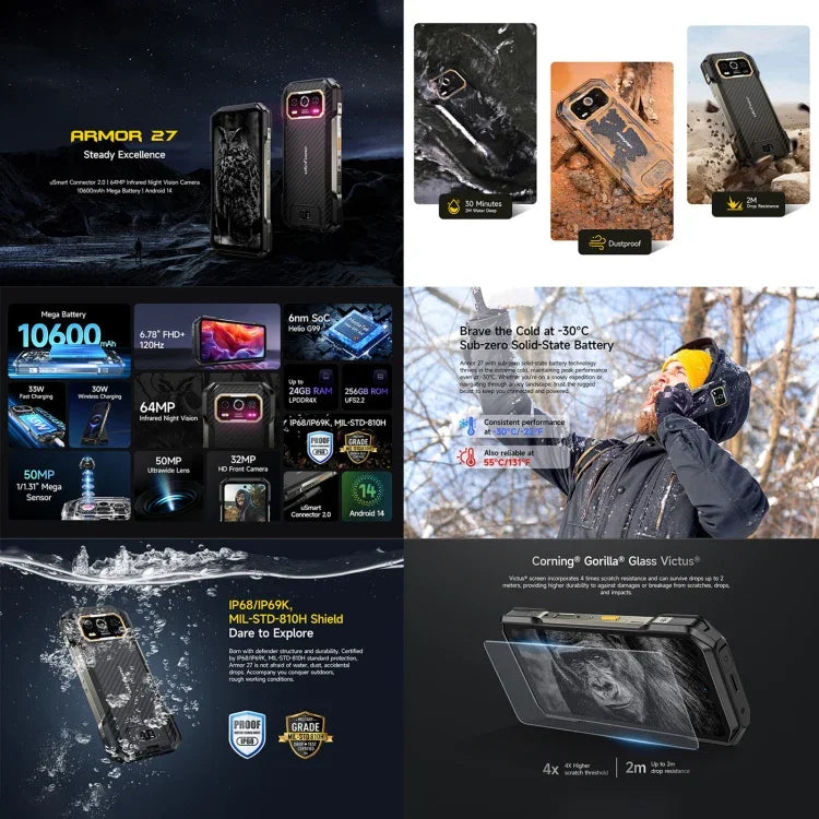 Ulefone Armor 27 Rugged Phone, 12 GB + 256 GB, Nachtsicht, 10600 mAh, 6,78 Zoll, Android 14, MediaTek Helio G99 Octa-Core, Netzwerk: 4G, NFC, OTG, Armor 27
