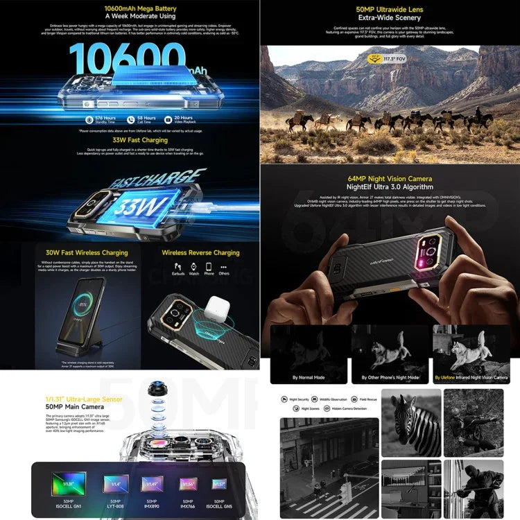 Ulefone Armor 27 Rugged Phone, 12 GB + 256 GB, Nachtsicht, 10600 mAh, 6,78 Zoll, Android 14, MediaTek Helio G99 Octa-Core, Netzwerk: 4G, NFC, OTG, Armor 27