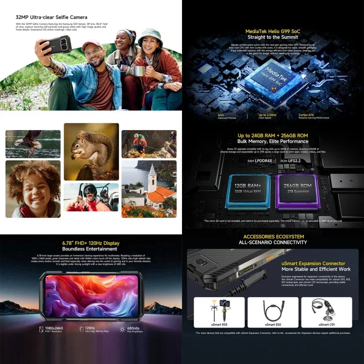 Ulefone Armor 27 Rugged Phone, 12 GB + 256 GB, Nachtsicht, 10600 mAh, 6,78 Zoll, Android 14, MediaTek Helio G99 Octa-Core, Netzwerk: 4G, NFC, OTG, Armor 27