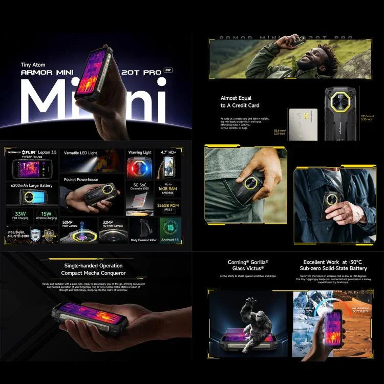 Ulefone Armor Mini 20T Pro, Wärmebildkamera, 8 GB + 256 GB, robustes Smartphone (IP68/IP69K), 4,7-Zoll-Display, Android 14, MediaTek Dimensity 6300 5G Octa-Core-Prozessor, Netzwerk: 5G, NFC, OTG, Armor Mini 20T Pro