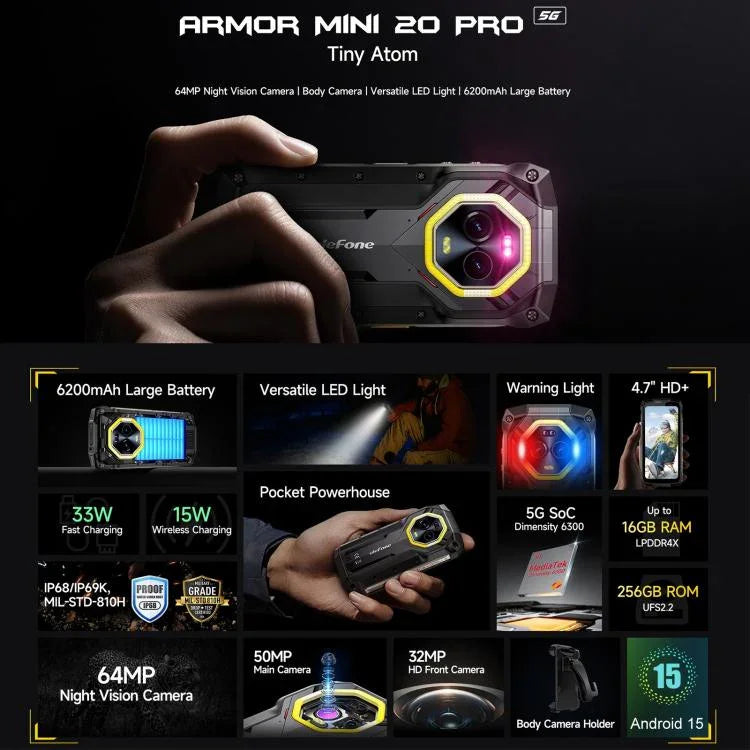 Ulefone Armor Mini 20 Pro, 8 GB + 256 GB, robustes Smartphone (IP68/IP69K), 4,7 Zoll, Android 14, MediaTek Dimensity 6300 5G Octa-Core-Prozessor, Netzwerk: 5G, NFC, OTG, Armor Mini 20 Pro