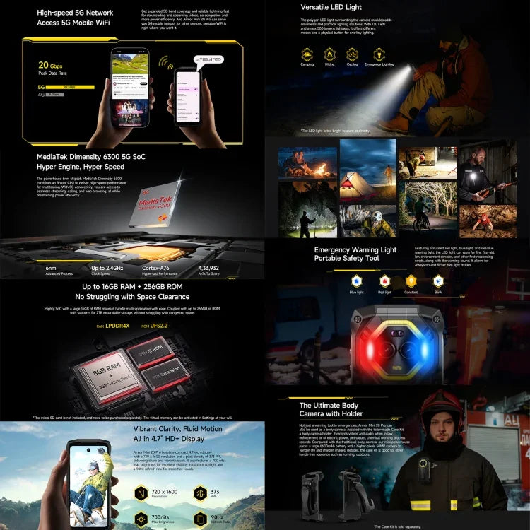 Ulefone Armor Mini 20 Pro, 8 GB + 256 GB, robustes Smartphone (IP68/IP69K), 4,7 Zoll, Android 14, MediaTek Dimensity 6300 5G Octa-Core-Prozessor, Netzwerk: 5G, NFC, OTG, Armor Mini 20 Pro