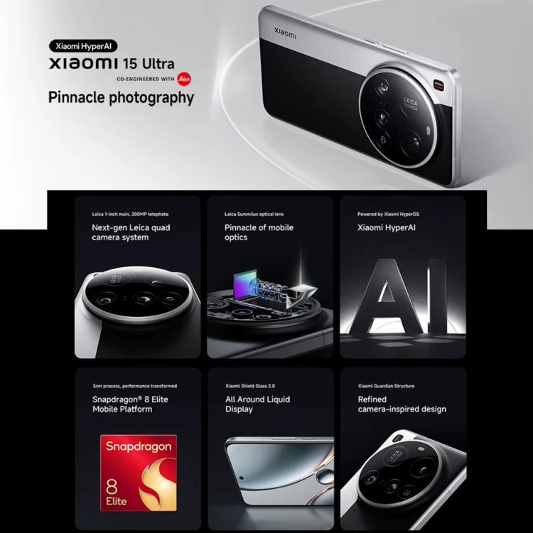 Xiaomi 15 Ultra Global, 16GB+512GB, 3D Ultraschall-Fingerabdruck, 200MP Kamera, 6,73 Zoll Xiaomi HyperOS 2 Snapdragon 8 Elite Octa Core 3nm, NFC, Netzwerk: 5G, Xiaomi 15 Ultra Global, 16GB+512GB (Silber), Xiaomi 15 Ultra Global, 16GB+512GB (Schwarz)