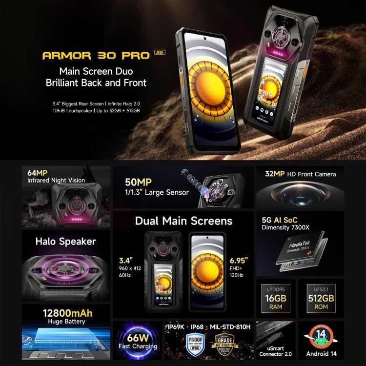 Ulefone Armor 30 Pro – Robustes Smartphone, 16 GB + 512 GB, Nachtsicht, 6,95 Zoll + 3,4 Zoll Dual-Screen, Android 14, MediaTek Dimensity 7300X Octa-Core-Prozessor, Netzwerk: 5G, OTG, NFC, Armor 30 Pro