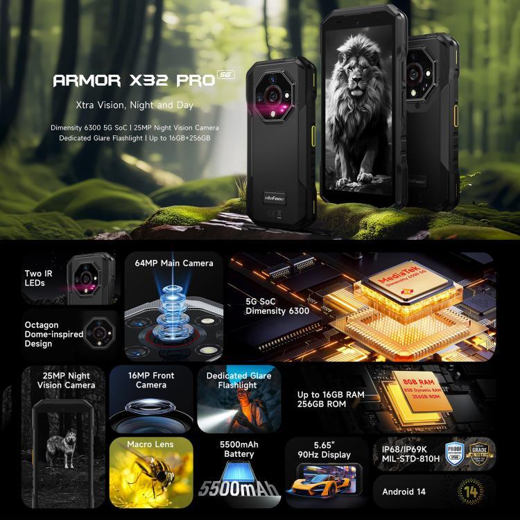 Ulefone Armor X32 Pro 5G, 8 GB + 256 GB, Nachtsicht, robustes Smartphone (IP68/IP69K), 5,65 Zoll, Android 14, MediaTek Dimensity 6300 Octa-Core-Prozessor, Netzwerk: 5G, NFC, OTG, Armor X32 Pro 5G