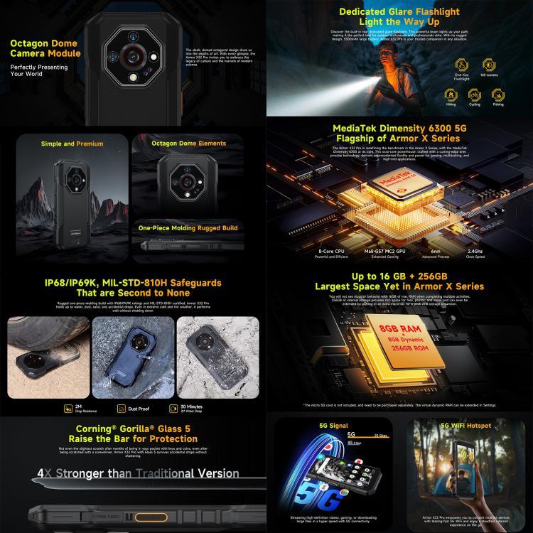 Ulefone Armor X32 Pro 5G, 8 GB + 256 GB, Nachtsicht, robustes Smartphone (IP68/IP69K), 5,65 Zoll, Android 14, MediaTek Dimensity 6300 Octa-Core-Prozessor, Netzwerk: 5G, NFC, OTG, Armor X32 Pro 5G