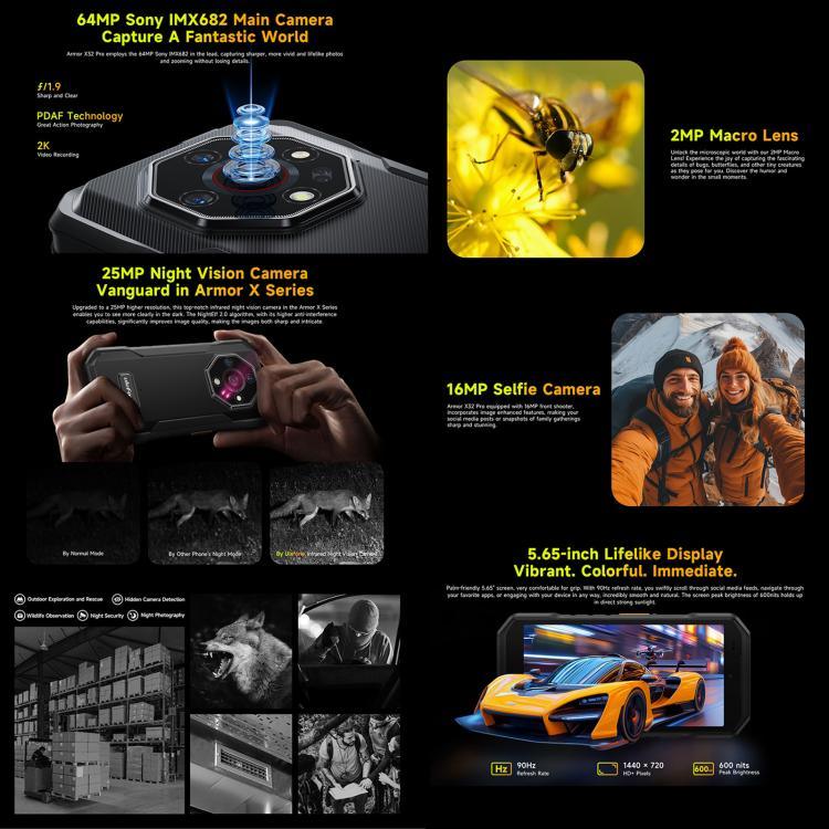 Ulefone Armor X32 Pro 5G, 8 GB + 256 GB, Nachtsicht, robustes Smartphone (IP68/IP69K), 5,65 Zoll, Android 14, MediaTek Dimensity 6300 Octa-Core-Prozessor, Netzwerk: 5G, NFC, OTG, Armor X32 Pro 5G