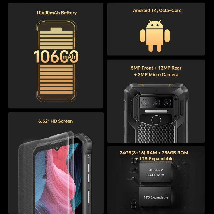 Oukitel WP23 Plus Rugged Phone, 8 GB + 256 GB, 6,52 Zoll, Android 14.0, Unisoc T606 Octa-Core-Prozessor, NFC, OTG, Netzwerk: 4G, WP23 Plus