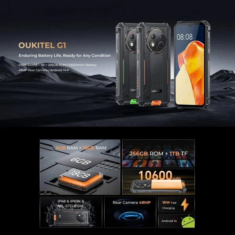 Oukitel G1 Rugged Phone, 6 GB + 256 GB, Fingerabdrucksensor, 6,52 Zoll, Android 14, T606 Octa-Core-Prozessor, NFC, OTG, Netzwerk: 4G