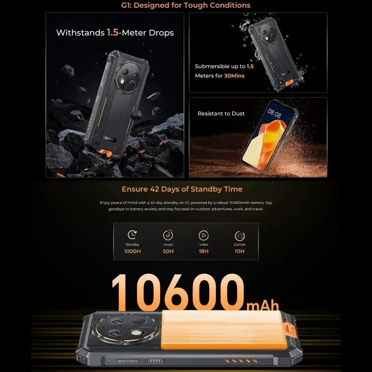 Oukitel G1 Rugged Phone, 6 GB + 256 GB, Fingerabdrucksensor, 6,52 Zoll, Android 14, T606 Octa-Core-Prozessor, NFC, OTG, Netzwerk: 4G