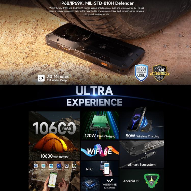 Ulefone Armor 28 Pro – Robustes Smartphone, 16 GB + 512 GB, Nachtsichtfunktion, 10600 mAh Akku, 6,67 Zoll + 1,04 Zoll Display, Android 15, MediaTek Dimensity 7300 Octa-Core-Prozessor, 5G, NFC