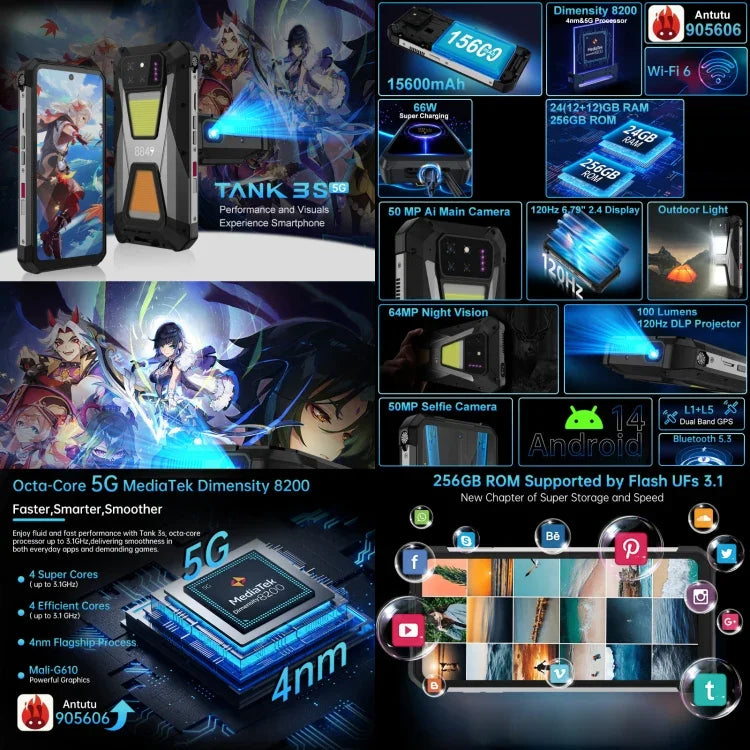 Unihertz 8849 Tank 3S Robustes Smartphone mit Nachtsichtprojektor, 12 GB + 256 GB, 6,79 Zoll, Android 14, Dimensity 8200 Octa-Core-Prozessor, Netzwerk: 5G, Tank 3S 12 GB + 256 GB