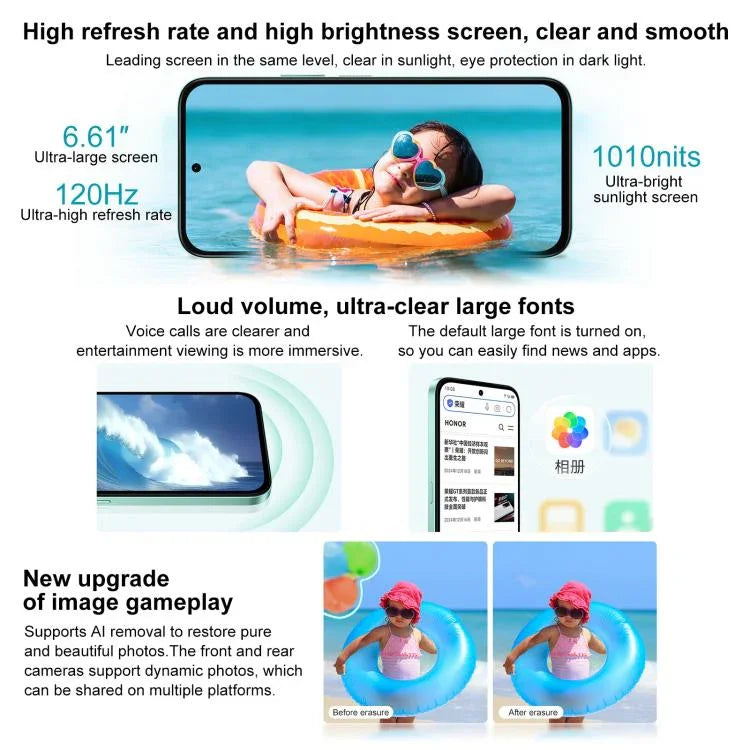 Honor Play 60, 6 GB + 128 GB, seitlicher Fingerabdrucksensor, 6,61 Zoll MagicOS 9.0, Dimensity 6300 Octa-Core-Prozessor, Netzwerk: 5G, OTG, Play 60, 6 GB + 128 GB, 6 GB + 128 GB