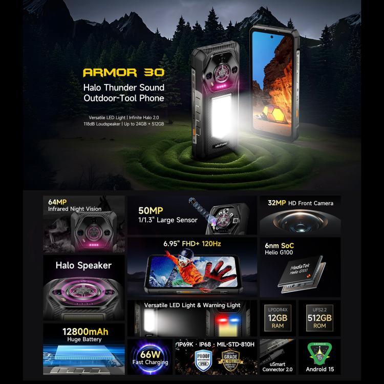 Ulefone Armor 30, 12 GB + 512 GB, Nachtsicht, robustes Smartphone (IP68/IP69K), 6,95 Zoll, Android 15, MediaTek Helio G100 Octa-Core-Prozessor, Netzwerk: 4G, NFC, OTG, Armor 30