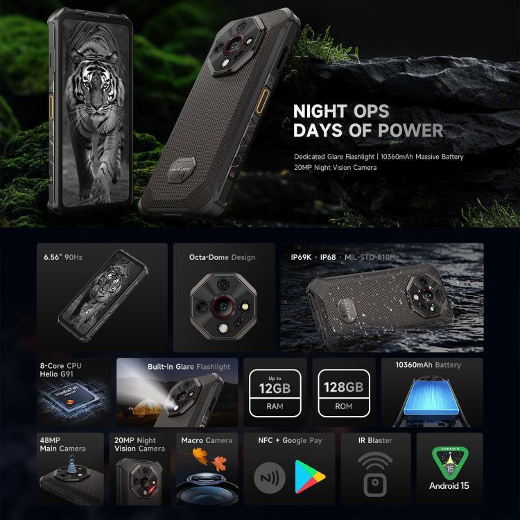 Ulefone Armor X16, 6 GB + 128 GB, Nachtsicht, robustes Smartphone (IP68/IP69K), 6,56 Zoll, Android 15, MediaTek Helio G91 Octa-Core-Prozessor, Netzwerk: 4G, NFC, OTG
