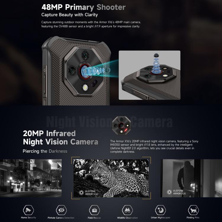 Ulefone Armor X16, 6 GB + 128 GB, Nachtsicht, robustes Smartphone (IP68/IP69K), 6,56 Zoll, Android 15, MediaTek Helio G91 Octa-Core-Prozessor, Netzwerk: 4G, NFC, OTG