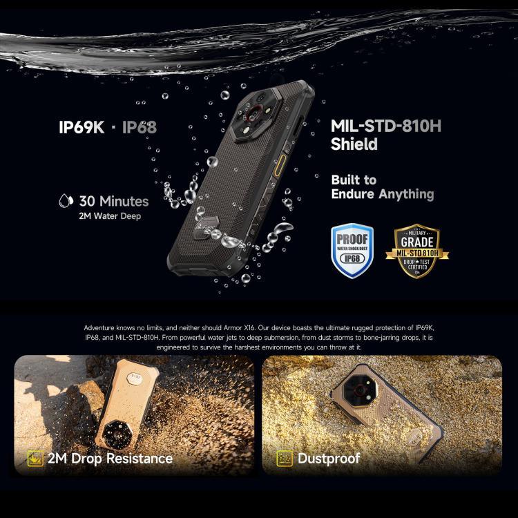 Ulefone Armor X16, 6 GB + 128 GB, Nachtsicht, robustes Smartphone (IP68/IP69K), 6,56 Zoll, Android 15, MediaTek Helio G91 Octa-Core-Prozessor, Netzwerk: 4G, NFC, OTG