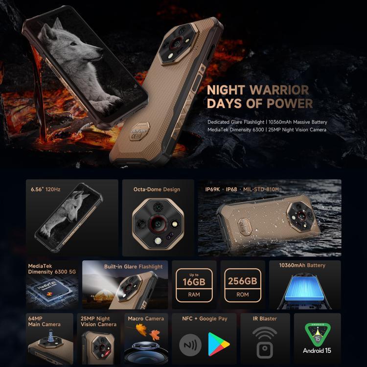 Ulefone Armor X16 Pro, 5 GB + 256 GB, Nachtsicht, robustes Smartphone (IP68/IP69K), 6,56 Zoll, Android 15, MediaTek Dimensity 6300 Octa-Core-Prozessor, Netzwerk: 5G, NFC, OTG; Armor X16 Pro, 8 GB + 256 GB