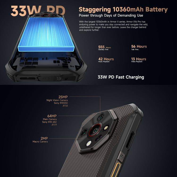 Ulefone Armor X16 Pro, 5 GB + 256 GB, Nachtsicht, robustes Smartphone (IP68/IP69K), 6,56 Zoll, Android 15, MediaTek Dimensity 6300 Octa-Core-Prozessor, Netzwerk: 5G, NFC, OTG; Armor X16 Pro, 8 GB + 256 GB