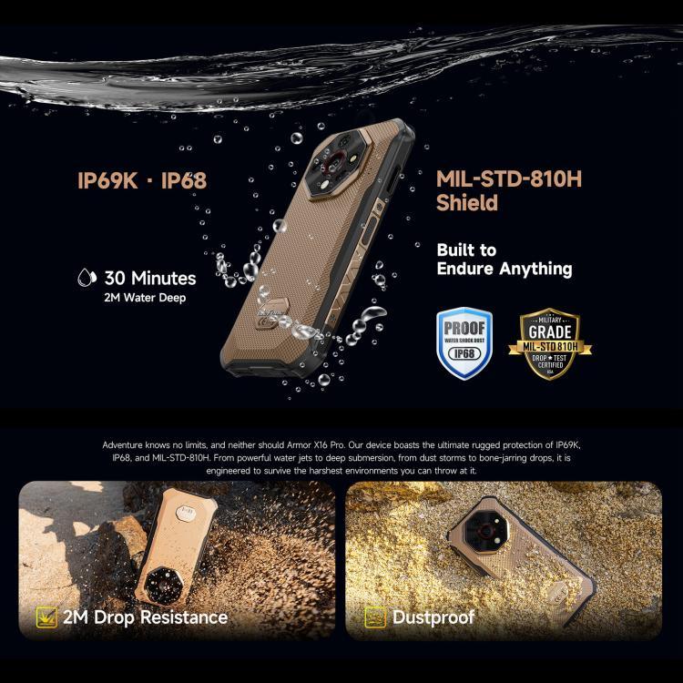 Ulefone Armor X16 Pro, 5 GB + 256 GB, Nachtsicht, robustes Smartphone (IP68/IP69K), 6,56 Zoll, Android 15, MediaTek Dimensity 6300 Octa-Core-Prozessor, Netzwerk: 5G, NFC, OTG; Armor X16 Pro, 8 GB + 256 GB