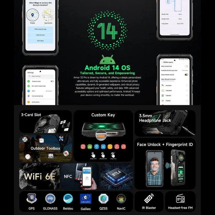 Ulefone Armor 33 Pro – Robustes Smartphone, 16 GB + 512 GB, Nachtsicht, 6,95 Zoll + 3,4 Zoll Dual-Screen, Android 14, MediaTek Dimensity 7300X Octa-Core-Prozessor, Netzwerk: 5G, OTG, NFC, Armor 33 Pro