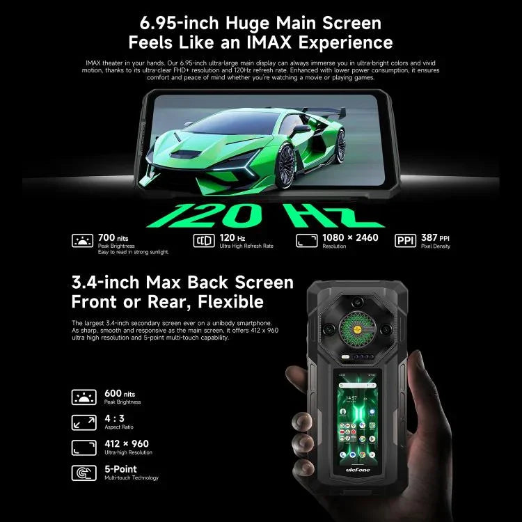 Ulefone Armor 33 Pro – Robustes Smartphone, 16 GB + 512 GB, Nachtsicht, 6,95 Zoll + 3,4 Zoll Dual-Screen, Android 14, MediaTek Dimensity 7300X Octa-Core-Prozessor, Netzwerk: 5G, OTG, NFC, Armor 33 Pro