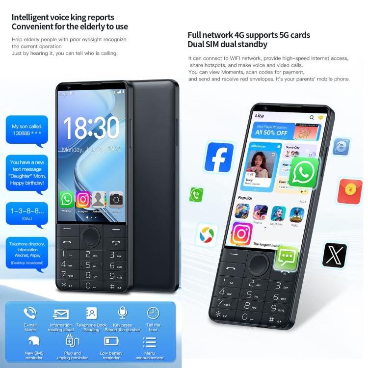 DOOV R70 Tastenhandy, 6 GB + 128 GB, 4-Zoll-Display, Android 13, Mediatek MT6762 Octa-Core-Prozessor, 4G-Netzwerk, Google Play Store-Unterstützung, mit Kamera