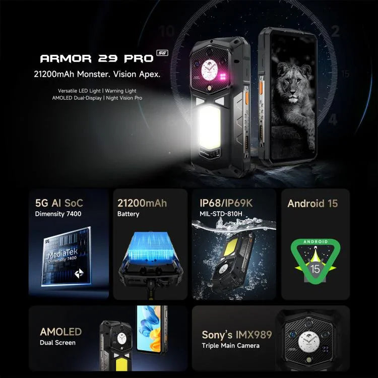 Ulefone Armor 29 Pro – Robustes Smartphone, 16 GB + 512 GB, Nachtsicht, 6,67 Zoll + 1,04 Zoll Display, Android 15, MediaTek Dimensity 7400 Octa-Core-Prozessor, Netzwerk: 5G, OTG, NFC, Armor 29 Pro