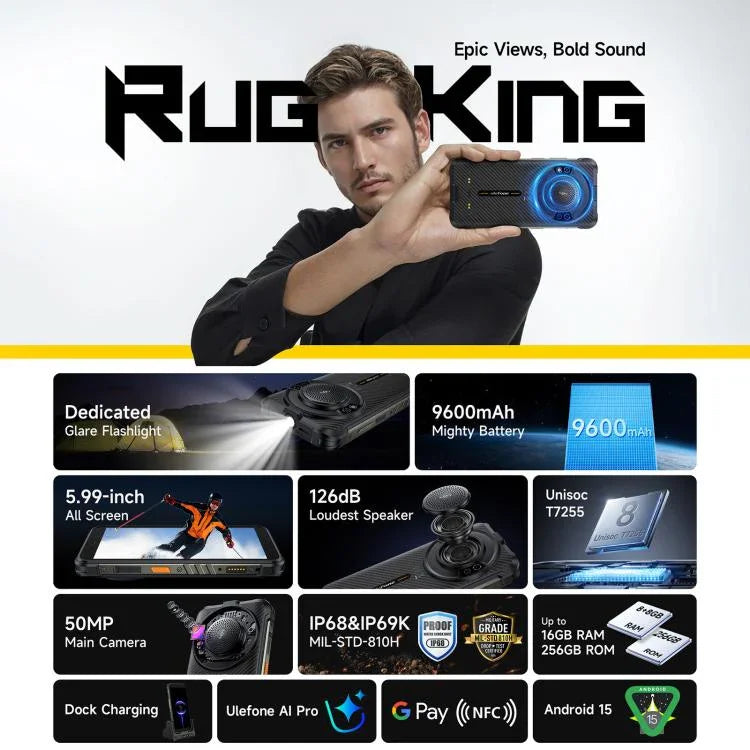 Ulefone RugKing, 8GB+256GB, IP68/IP69K Outdoor-Smartphone, 5,99 Zoll Android 15 Unisoc T7255 Octa Core, Netzwerk: 4G, NFC, OTG, RugKing, 8GB+256GB