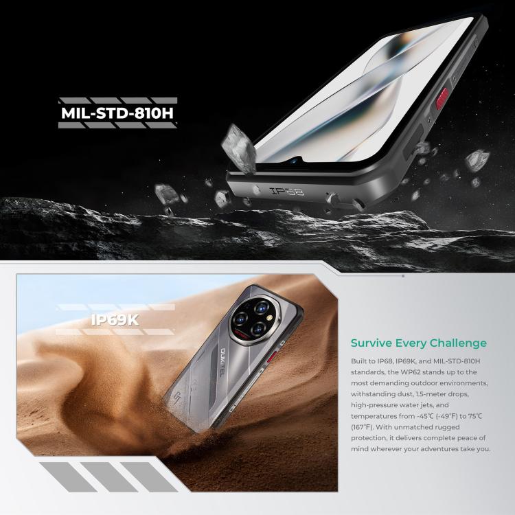 Oukitel WP62 Rugged Phone, 16 GB + 512 GB, 108-MP-Kamera, Fingerabdrucksensor, 6,6 Zoll, Android 15, MediaTek Dimensity 7025 Octa-Core-Prozessor, NFC, OTG, 5G-Netzwerk