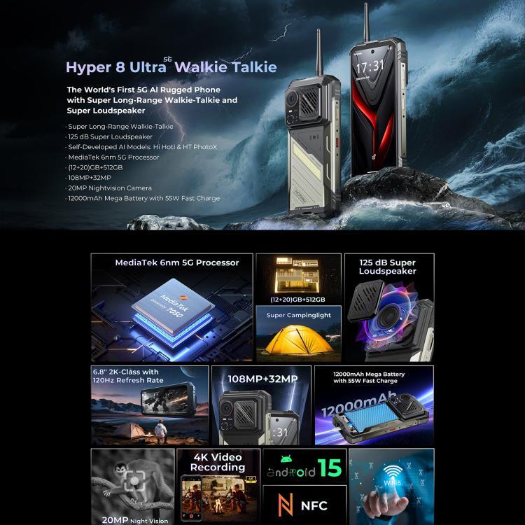 HOTWAV Hyper 8 Ultra – Robustes Walkie-Talkie-Handy, 12 GB + 512 GB, 6,8 Zoll, Android 15, MediaTek MT8791 Dimensity 7050 Octa-Core-Prozessor, Netzwerk: 5G, OTG, NFC, Hyper 8 Ultra