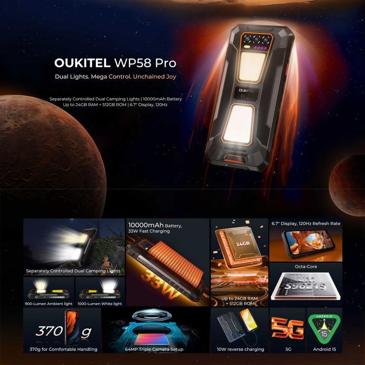 Oukitel WP58 Pro Rugged-Smartphone, 8 GB + 512 GB, seitlicher Fingerabdrucksensor, 6,7 Zoll, Android 15, UMS9621S Octa-Core-Prozessor, NFC, OTG, 5G-Netzwerk