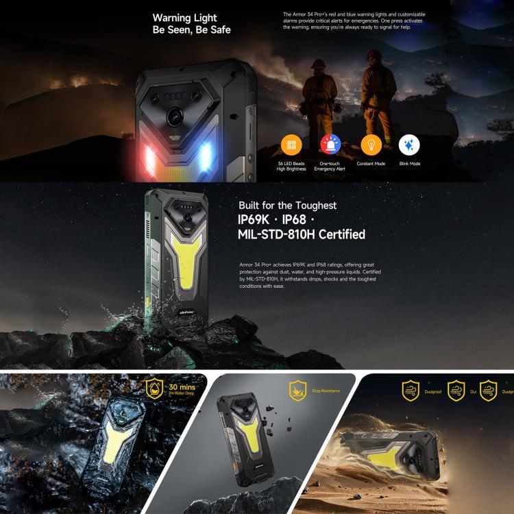 Ulefone Armor 34 Pro+ Projektor, 16 GB + 512 GB, Nachtsicht, robustes Smartphone (IP68/IP69K), 6,95 Zoll, Android 15, MediaTek Dimensity 7400X Octa-Core-Prozessor, Netzwerk: 5G, NFC, OTG, Armor 34 Pro+