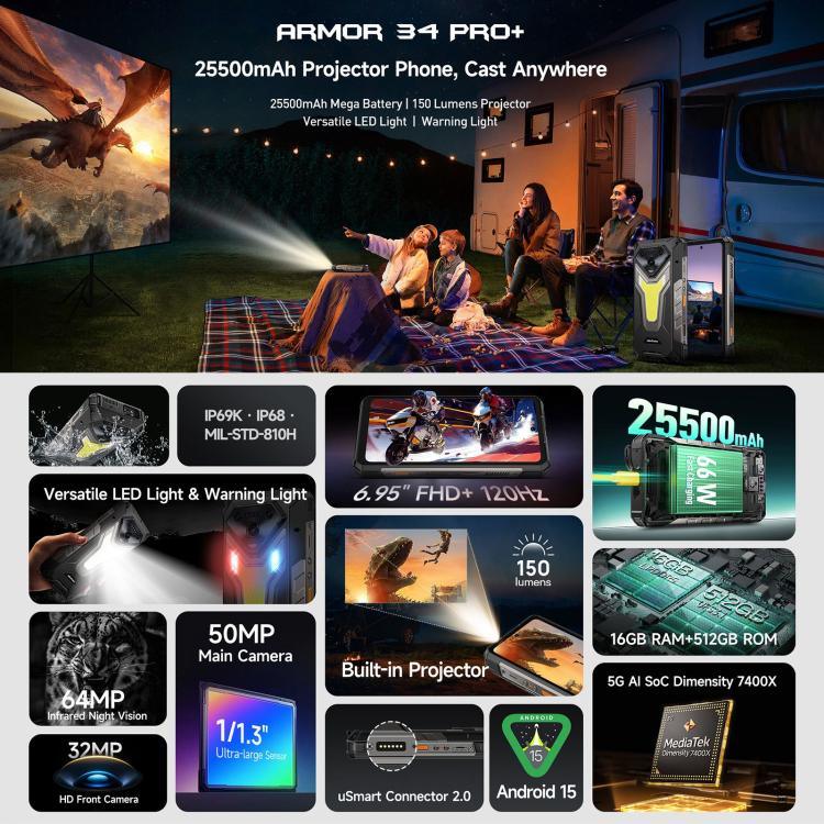 Ulefone Armor 34 Pro+ Projektor, 16 GB + 512 GB, Nachtsicht, robustes Smartphone (IP68/IP69K), 6,95 Zoll, Android 15, MediaTek Dimensity 7400X Octa-Core-Prozessor, Netzwerk: 5G, NFC, OTG, Armor 34 Pro+
