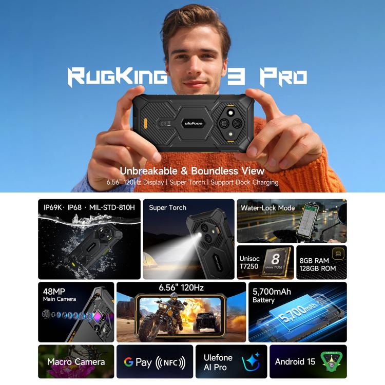 Ulefone RugKing 3 Pro, 8GB+128GB, IP68/IP69K Robust Telefon, 6,56 Zoll Android 15 Unisoc T7250 Octa Core, Netzwerk: 4G, NFC, OTG, RugKing 3 Pro, RugKing 3 Pro, 8GB+128GB